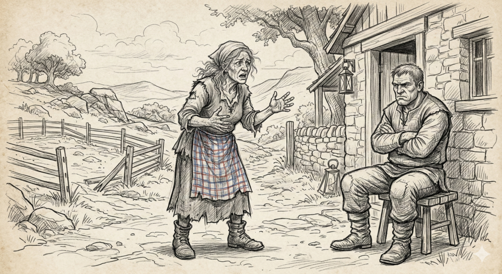 Eine detaillierte Bleistiftskizze auf Pergament, die ein älteres Bauernpaar vor ihrer Steinhütte zeigt. Die Frau, links, mit Kopftuch und Schürze, gestikuliert aufgebracht und spricht mit verzweifeltem Gesicht. Der Mann, rechts, sitzt mürrisch und mit verschränkten Armen auf einem Hocker vor der Tür und ignoriert sie, starrt düster vor sich hin. Hügel, ein Baum und ein Zaun im Hintergrund.