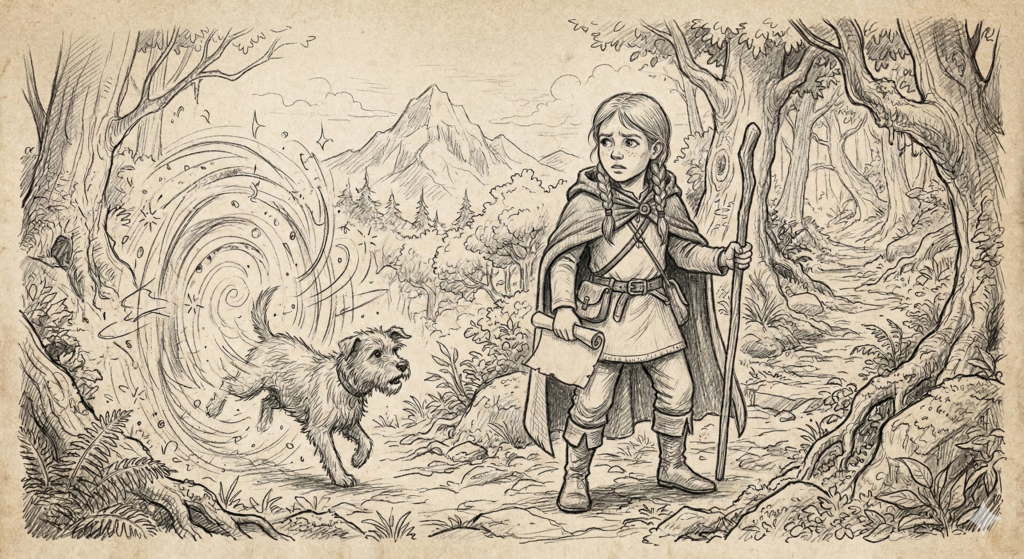 Eine komplexe Bleistiftskizze eines überladenen Noir-Büros mit drei Personen. Ein älterer Mann sitzt am Schreibtisch, vertieft in Dokumente, mit einer Lampe und Aktenstapeln. Eine Frau im Vordergrund steht, mit gezogenem Smartphone, schaut entsetzt auf eine offene Truhe voller merkwürdiger, tentakelartiger Gegenstände. Ein jüngerer Mann im Hintergrund, ebenfalls mit Handy, schaut besorgt aus einer offenen Tür oder Schrank heraus. Aktenregale und ein Stadtplan füllen den Raum.