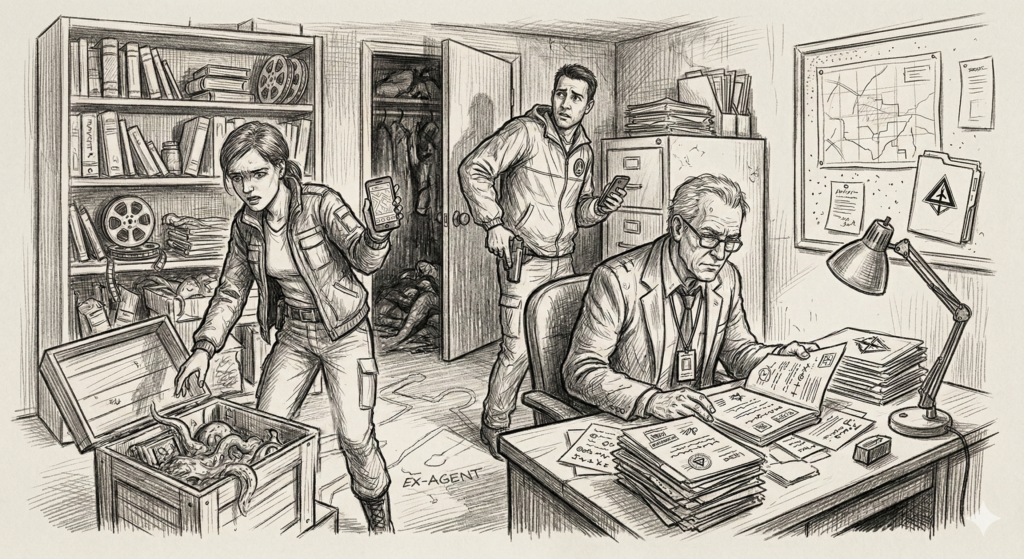 Eine Fantasy-Bleistiftskizze eines jungen Mädchens mit Zöpfen und Umhang, das auf einem bewaldeten Pfad steht. Sie blickt besorgt auf einen kleinen Terrier-artigen Hund, der durch einen magischen, spiraligen Portalwirbel auf sie zuläuft. In ihrer Hand hält sie eine Schriftrolle. Berge und Bäume im Hintergrund.