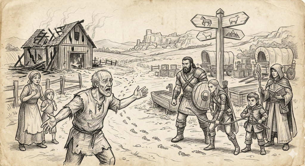 Eine detaillierte Bleistiftskizze auf Pergament, die eine Prozession von Goblins zeigt, die einen Dorfweg entlanglaufen. Ein Anführer hält eine Fackel. Sie sind bewaffnet mit primitiven Waffen und tragen Beute (ein Sack, ein Topf). Ein Warnschild mit der Aufschrift „DANGER: LULATSCHE“ steht am Rand. Im Hintergrund sind Häuser und brennende Felder, und eine weitere Gruppe Goblins (darunter Babys) schaut von einem Felsen zu.